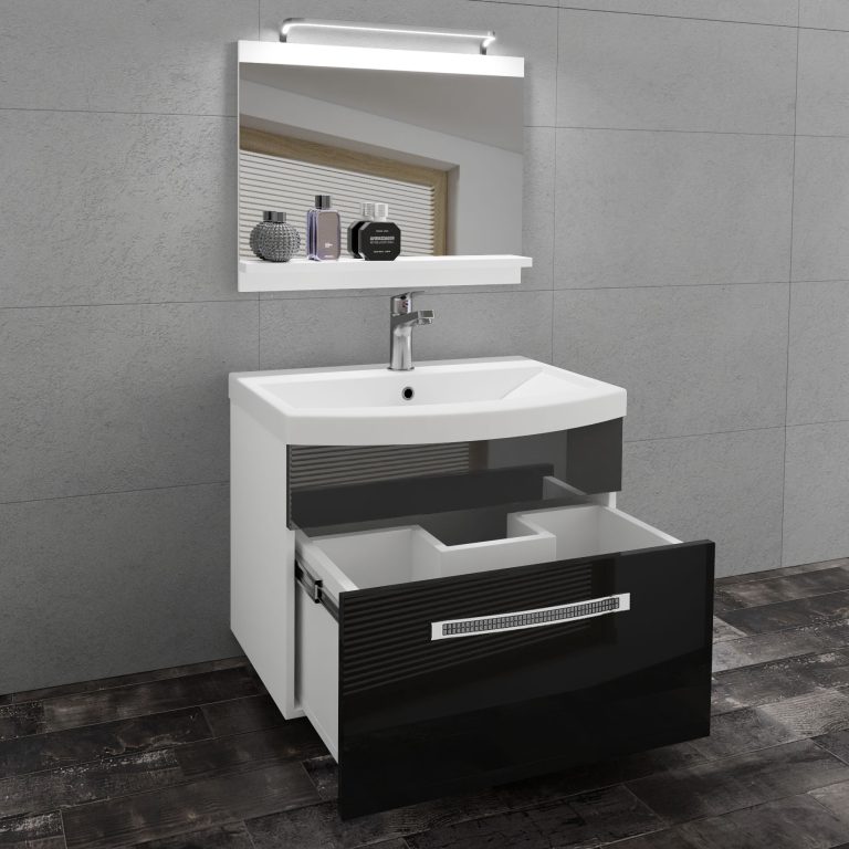 Badezimmermöbel Belini Premium Full Version Hochglanzschwarz / Hochglanzgrau + Waschbecken + Spiegel + LED-Beleuchtung Glamour 11 Hersteller GLA P 1/0/W/BS/0/MB/PP