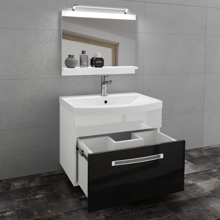 Badezimmermöbel Belini Premium Full Version Hochglanzschwarz / Hochglanzweiß + Waschbecken + Spiegel + LED-Beleuchtung Glamour 10 Hersteller GLA P 1/0/W/BW/0/MB/PP