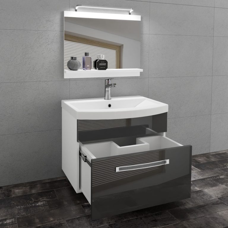 Badezimmermöbel Belini Premium Full Version Hochglanzgrau + Waschbecken + Spiegel + LED-Beleuchtung Glamour 7 Hersteller GLA P 1/0/W/S/0/MB/PP
