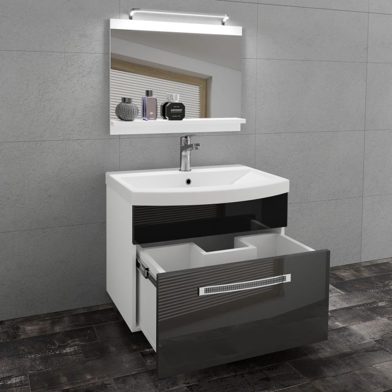 Badezimmermöbel Belini Premium Full Version Hochglanzgrau / Hochglanzschwarz + Waschbecken + Spiegel + LED-Beleuchtung Glamour 12 Hersteller GLA P 1/0/W/SB/0/MB/PP