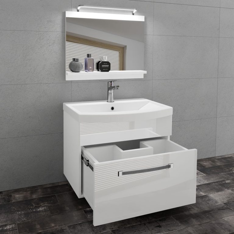 Badezimmermöbel Belini Premium Full Version Hochglanzweiß + Waschbecken + Spiegel + LED-Beleuchtung Glamour 5 Hersteller GLA P 1/0/W/W/0/MB/PP
