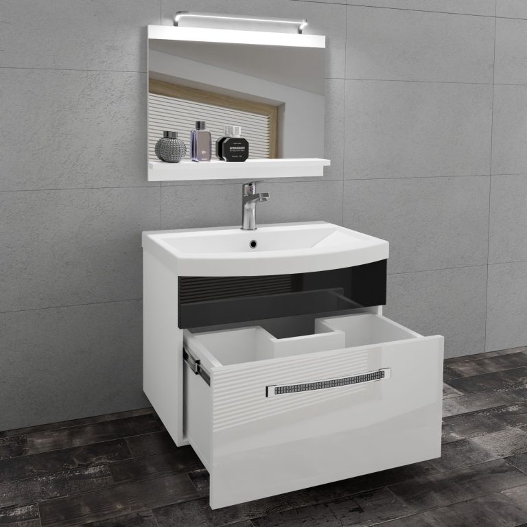 Badezimmermöbel Belini Premium Full Version Hochglanzweiß / Hochglanzschwarz + Waschbecken + Spiegel + LED-Beleuchtung Glamour 8 Hersteller GLA P 1/0/W/WB/0/MB/PP