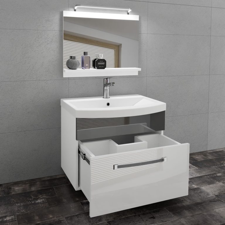 Badezimmermöbel Belini Premium Full Version Hochglanzweiß / Hochglanzgrau + Waschbecken + Spiegel +LED-Beleuchtung Glamour 9 Hersteller GLA P 1/0/W/WS/0/MB/PP