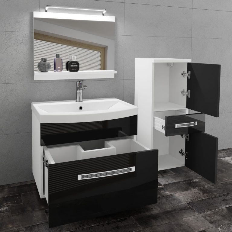 Badezimmermöbel Belini Premium Full Version Hochglanzschwarz + Waschbecken + Spiegel + LED-Beleuchtung Glamour 25 Hersteller GLA P 2/0/W/B/0/MB/PP