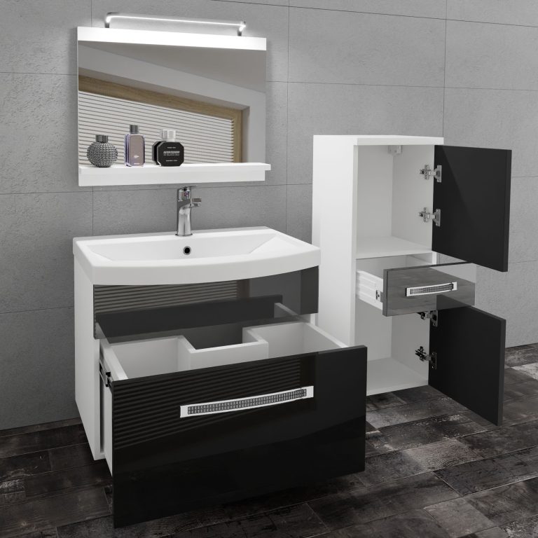 Badezimmermöbel Belini Premium Full Version Hochglanzschwarz / Hochglanzgrau + Waschbecken + Spiegel + LED-Beleuchtung Glamour 30 Hersteller GLA P 2/0/W/BS/0/MB/PP
