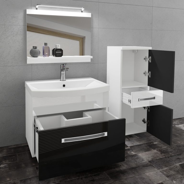 Badezimmermöbel Belini Premium Full Version Hochglanzschwarz / Hochglanzweiß + Waschbecken + Spiegel + LED-Beleuchtung Glamour 29 Hersteller GLA P 2/0/W/BW/0/MB/PP