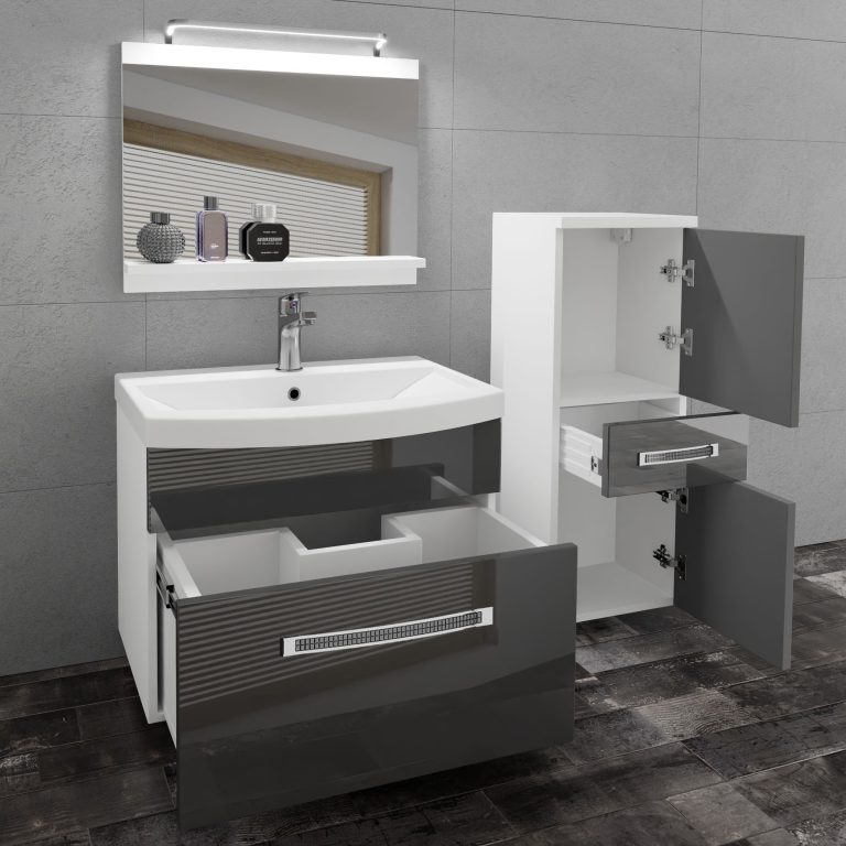 Badezimmermöbel Belini Premium Full Version Hochglanzgrau + Waschbecken + Spiegel + LED-Beleuchtung Glamour 25 Hersteller GLA P 2/0/W/S/0/MB/PP