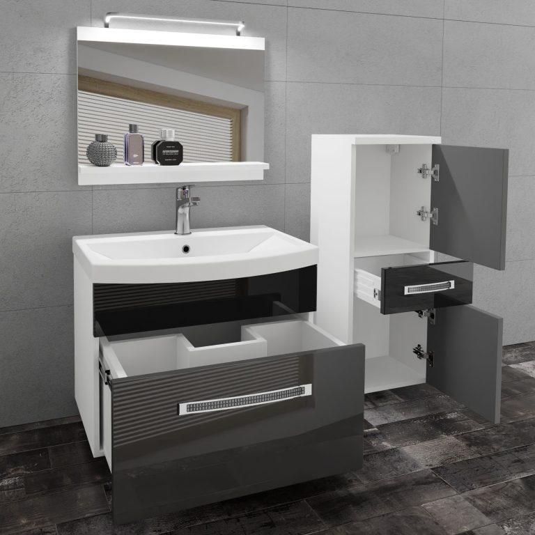 Badezimmermöbel Belini Premium Full Version Hochglanzgrau / Hochglanzschwarz + Waschbecken + Spiegel + LED-Beleuchtung Glamour 31 Hersteller GLA P 2/0/W/SB/0/MB/PP
