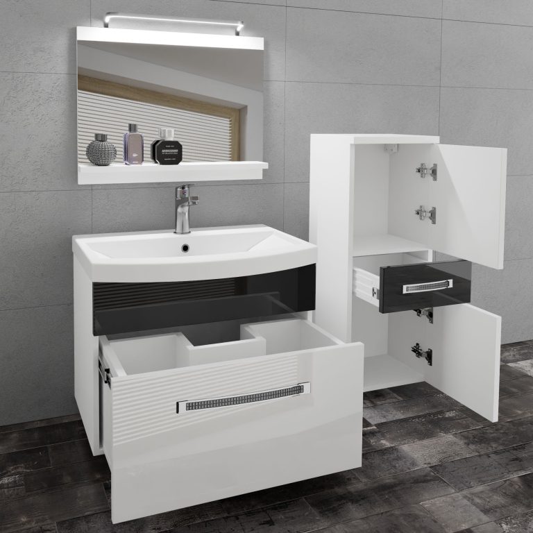 Badezimmermöbel Belini Premium Full Version Hochglanzweiß / Hochglanzschwarz + Waschbecken + Spiegel + LED-Beleuchtung Glamour 27 Hersteller GLA P 2/0/W/WB/0/MB/PP