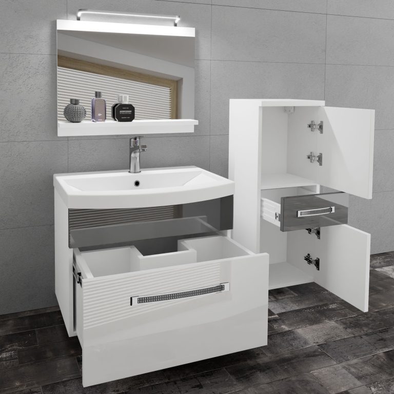 Badezimmermöbel Belini Premium Full Version Hochglanzweiß / Hochglanzgrau + Waschbecken + Spiegel + LED-Beleuchtung Glamour 28 Hersteller GLA P 2/0/W/WS/0/MB/PP