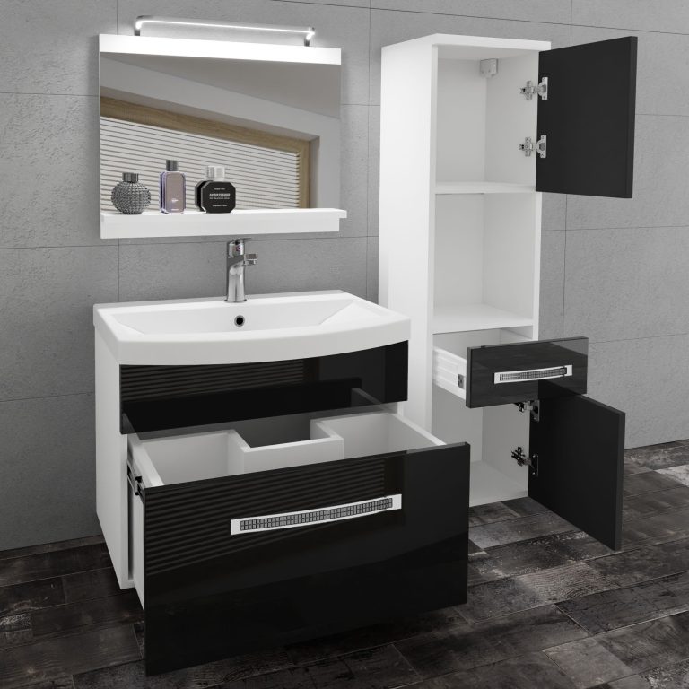 Badezimmermöbel Belini Premium Full Version Hochglanzschwarz + Waschbecken + Spiegel + LED-Beleuchtung Glamour 44 Hersteller GLA P 3/0/W/B/0/MB/PP