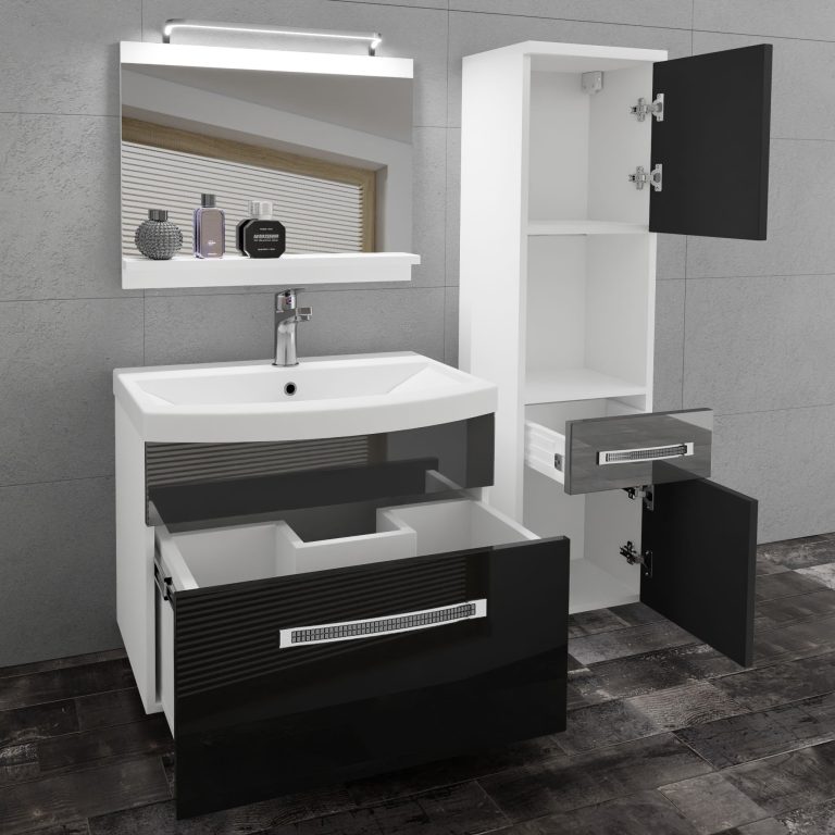 Badezimmermöbel Belini Premium Full Version Hochglanzschwarz / Hochglanzgrau + Waschbecken + Spiegel + LED-Beleuchtung Glamour 49 Hersteller GLA P 3/0/W/BS/0/MB/PP