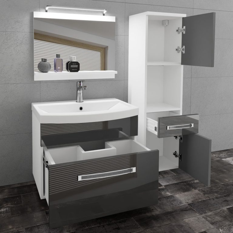 Badezimmermöbel Belini Premium Full Version Hochglanzgrau + Waschbecken + Spiegel + LED-Beleuchtung Glamour 45 Hersteller GLA P 3/0/W/S/0/MB/PP