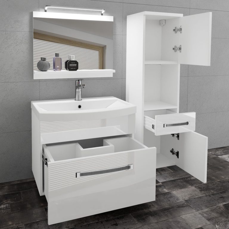 Badezimmermöbel Belini Premium Full Version Hochglanzweiß + Waschbecken + Spiegel + LED-Beleuchtung Glamour 43 Hersteller GLA P 3/0/W/W/0/MB/PP