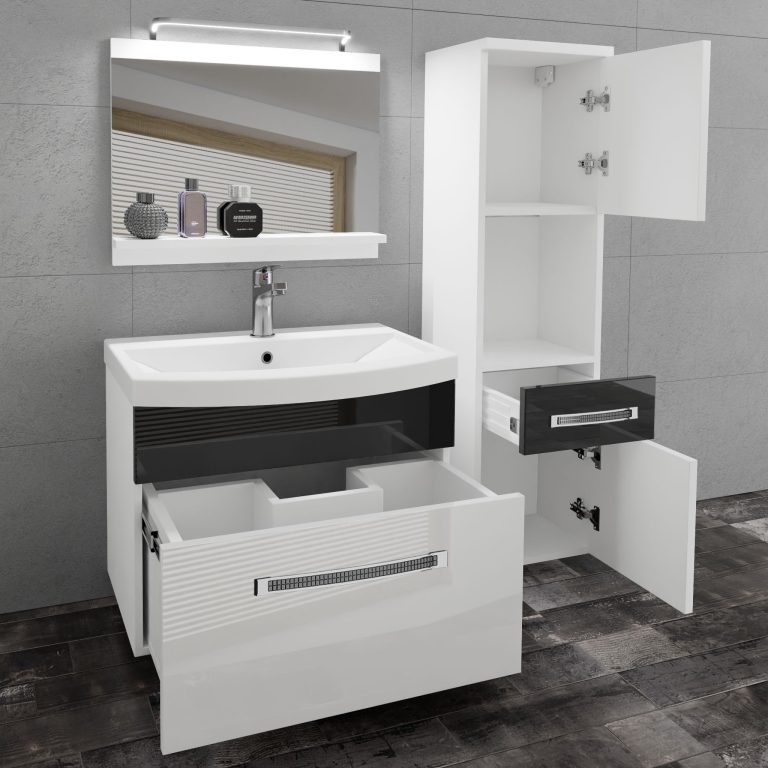 Badezimmermöbel Belini Premium Full Version Hochglanzweiß / Hochglanzschwarz + Waschbecken + Spiegel + LED-Beleuchtung Glamour 46 Hersteller GLA P 3/0/W/WB/0/MB/PP