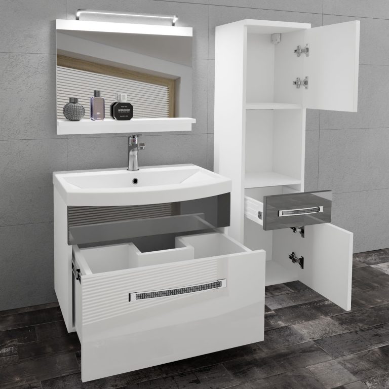 Badezimmermöbel Belini Premium Full Version Hochglanzweiß / Hochglanzgrau + Waschbecken + Spiegel + LED-Beleuchtung Glamour 47 Hersteller GLA P 3/0/W/WS/0/MB/PP
