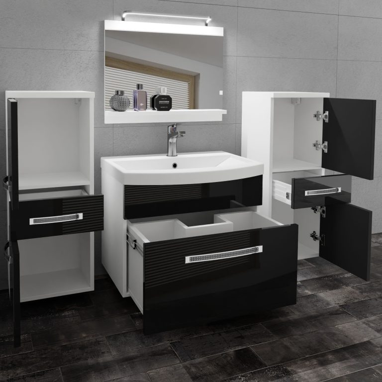 Badezimmermöbel Belini Premium Full Version Hochglanzschwarz + Waschbecken + Spiegel + LED-Beleuchtung Glamour 63 Hersteller GLA P 4/0/W/B/0/MB/PP

