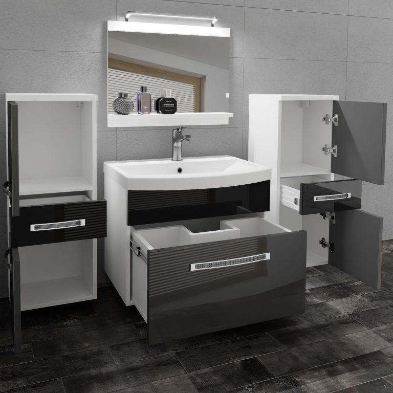 Badezimmermöbel Belini Premium Full Version Hochglanzgrau / Hochglanzschwarz + Waschbecken + Spiegel + LED-Beleuchtung Glamour 69 Hersteller GLA P 4/0/W/SB/0/MB/PP