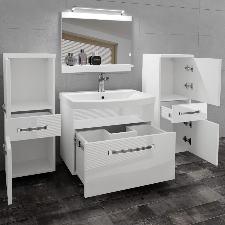 Badezimmermöbel Belini Premium Full Version Hochglanzweiß + Waschbecken + Spiegel + LED-Beleuchtung Glamour 62 Hersteller GLA P 4/0/W/W/0/MB/PP
