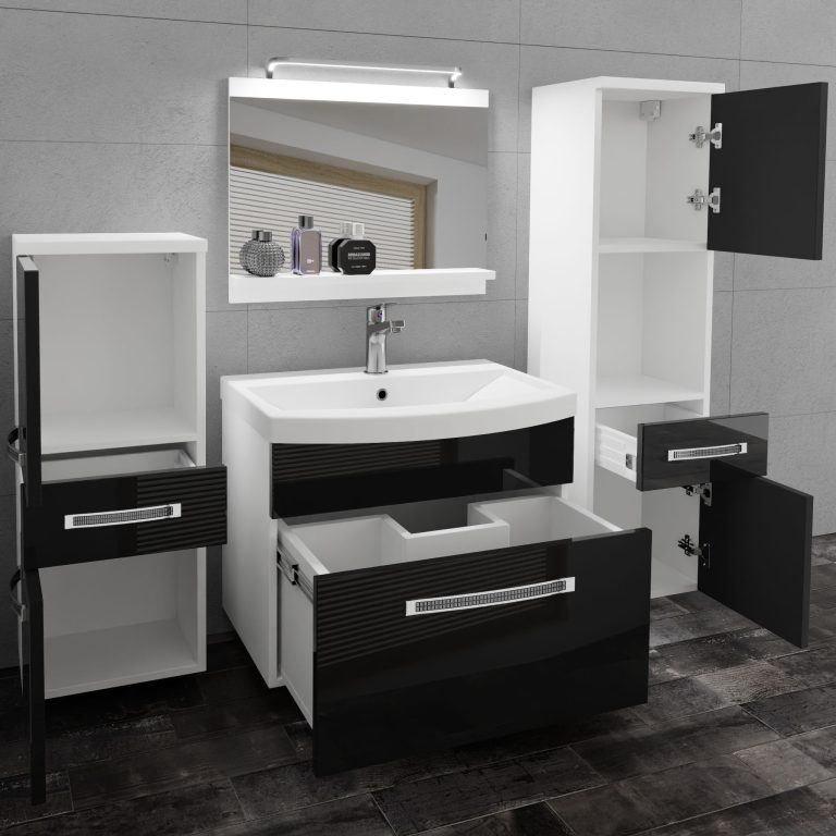 Badezimmermöbel Belini Premium Full Version Hochglanzschwarz + Waschbecken + Spiegel + LED-Beleuchtung Glamour 82 Hersteller GLA P 5/0/W/B/0/MB/PP