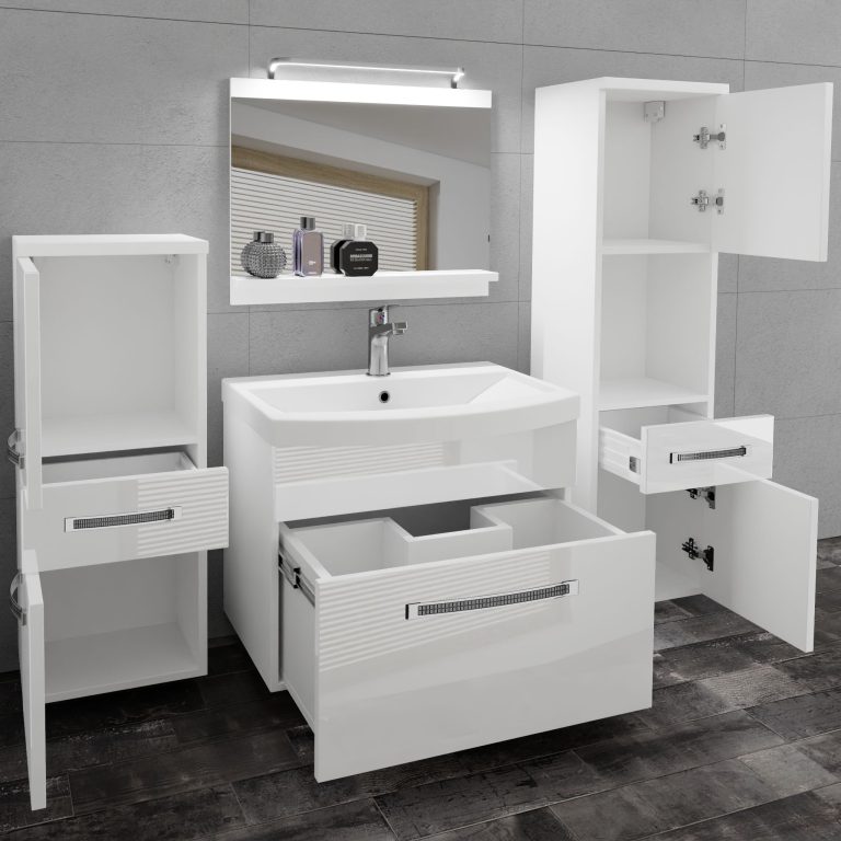 Badezimmermöbel Belini Premium Full Version Hochglanzweiß + Waschbecken + Spiegel + LED-Beleuchtung Glamour 81 Hersteller GLA P 5/0/W/W/0/MB/PP
