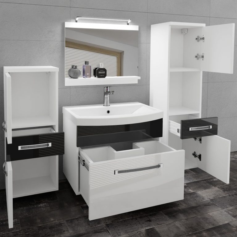 Badezimmermöbel Belini Premium Full Version Hochglanzweiß / Hochglanzschwarz + Waschbecken + Spiegel + LED-Beleuchtung Glamour 84 Hersteller GLA P 5/0/W/WB/0/MB/PP
