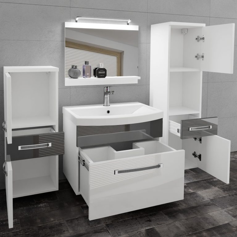 Badezimmermöbel Belini Premium Full Version Hochglanzweiß / Hochglanzgrau + Waschbecken + Spiegel + LED-Beleuchtung Glamour 85 Hersteller GLA P 5/0/W/WS/0/MB/PP
