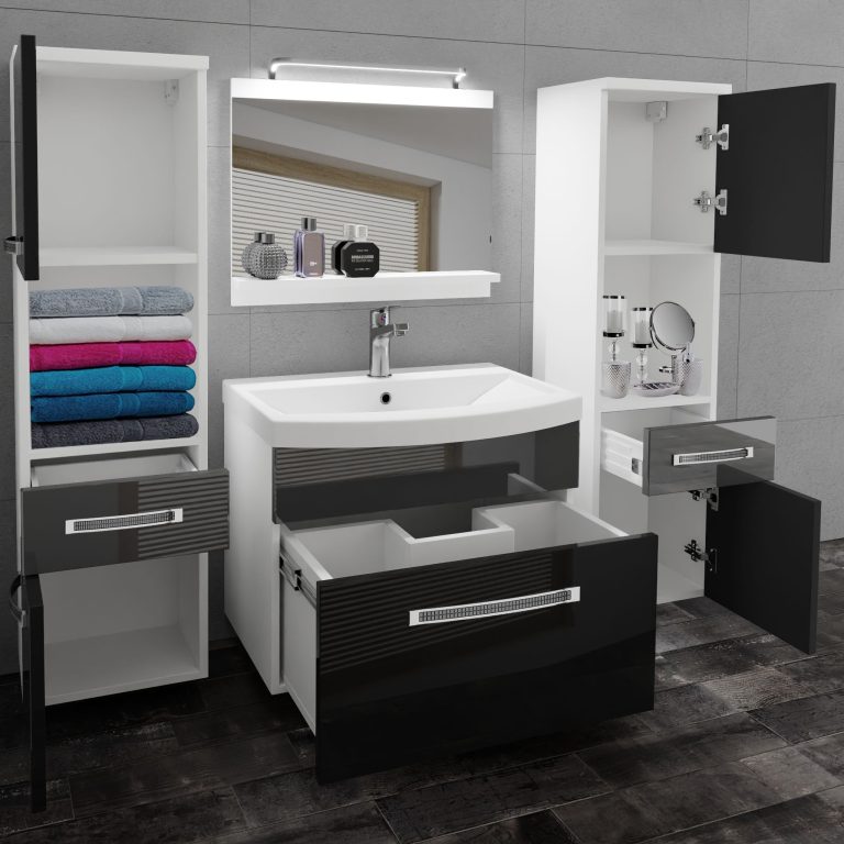 Badezimmermöbel Belini Premium Full Version Hochglanzschwarz / Hochglanzgrau + Waschbecken + Spiegel + LED-Beleuchtung Glamour 106 Hersteller  GLA P 6/0/W/BS/0/MB/PP
