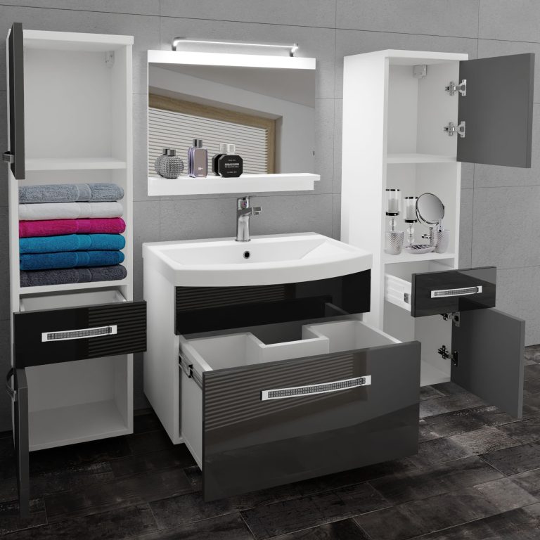 Badezimmermöbel Belini Premium Full Version Hochglanzgrau / Hochglanzschwarz + Waschbecken + Spiegel + LED-Beleuchtung Glamour 107 Hersteller GLA P 6/0/W/SB/0/MB/PP

