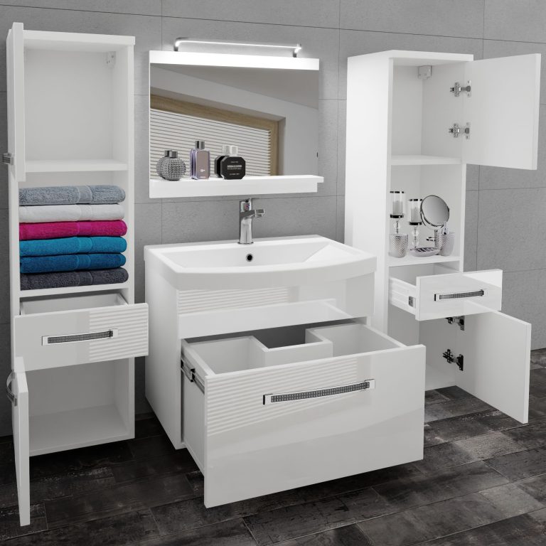 Badezimmermöbel Belini Premium Full Version Hochglanzweiß + Waschbecken + Spiegel + LED-Beleuchtung Glamour 100 Hersteller GLA P 6/0/W/W/0/MB/PP
