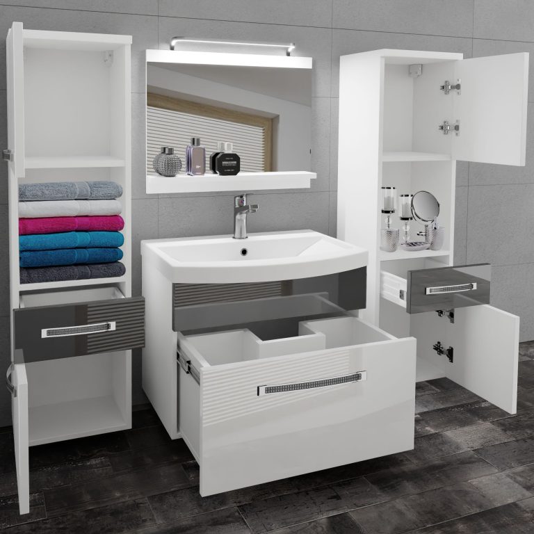 Badezimmermöbel Belini Premium Full Version Hochglanzweiß / Hochglanzgrau + Waschbecken + Spiegel + LED-Beleuchtung Glamour 104 Hersteller GLA P 6/0/W/WS/0/MB/PP
