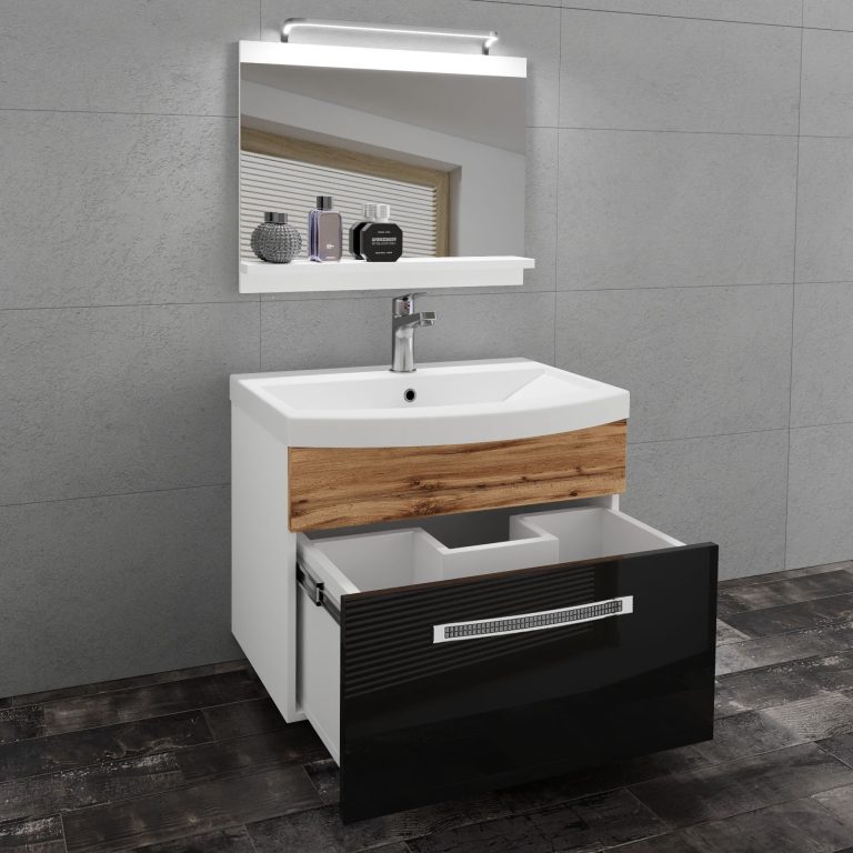 Badezimmermöbel Belini Premium Full Version Hochglanzschwarz / Wotan-Eiche + Waschbecken + Spiegel + LED-Beleuchtung Glamour 19 Hersteller GLA PM 1/0/W/BDW/0/MB/PP
