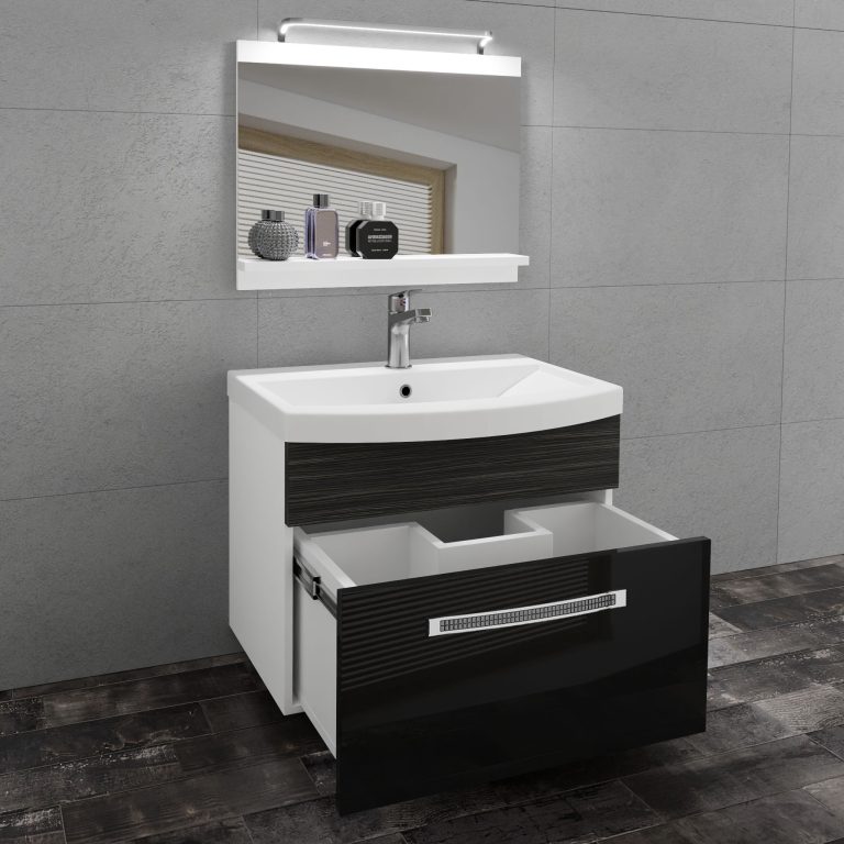 Badezimmermöbel Belini Premium Full Version Hochglanzschwarz / königliches Ebenholz + Waschbecken + Spiegel + LED-Beleuchtung Glamour 18 Hersteller PM 1/0/W/BHK/0/MB/PP
 