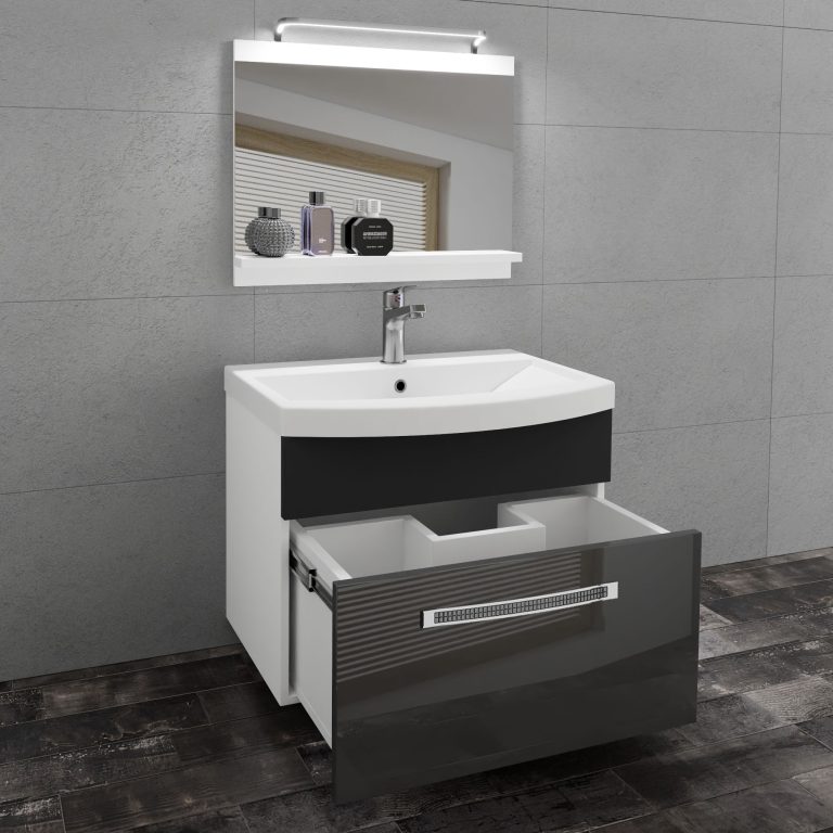 Badezimmermöbel Belini Premium Full Version Hochglanzgrau / Mattschwarz + Waschbecken + Spiegel + LED-Beleuchtung Glamour 13 Hersteller GLA PM 1/0/W/SB/0/MB/PP