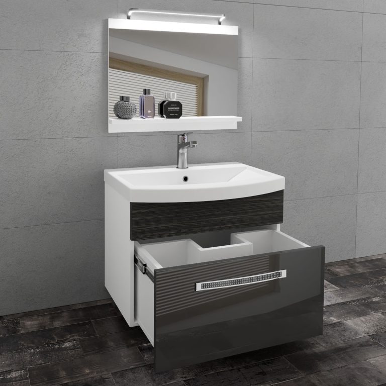 Badezimmermöbel Belini Premium Full Version Hochglanzgrau / königliches Ebenholz + Waschbecken + Spiegel + LED-Beleuchtung Glamour 14 Hersteller GLA PM 1/0/W/SHK/0/MB/PP