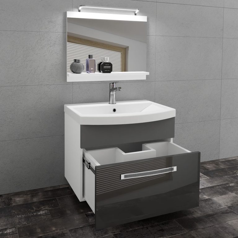 Badezimmermöbel Belini Premium Full Version Hochglanzgrau / Mattgrau + Waschbecken + Spiegel + LED-Beleuchtung Glamour 15 Hersteller GLA PM 1/0/W/SSR/0/MB/PP

