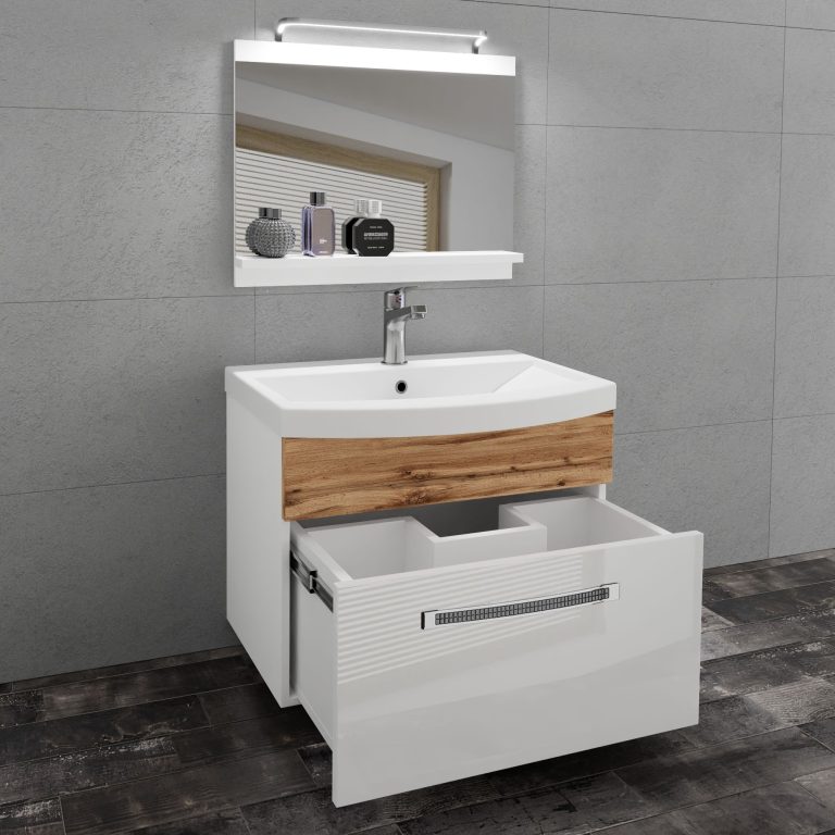 Badezimmermöbel Belini Premium Full Version Hochglanzweiß / Wotan-Eiche + Waschbecken + Spiegel + LED-Beleuchtung Glamour 17 Hersteller GLA PM 1/0/W/WDW/0/MB/PP
