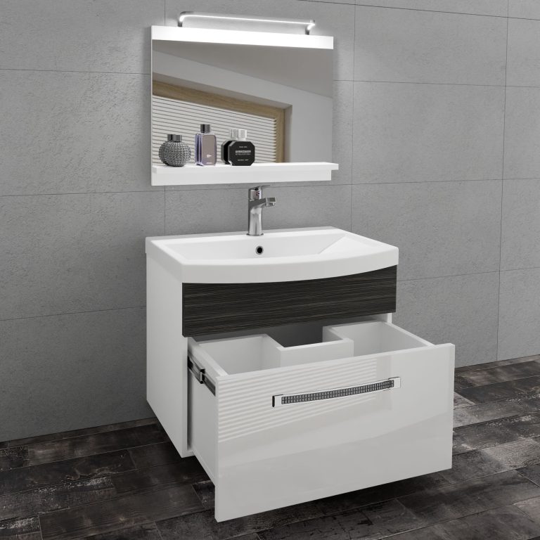 Badezimmermöbel Belini Premium Full Version Hochglanzweiß / königliches Ebenholz + Waschbecken + Spiegel + LED-Beleuchtung Glamour 16 Hersteller GLA PM 1/0/W/WHK/0/MB/PP
