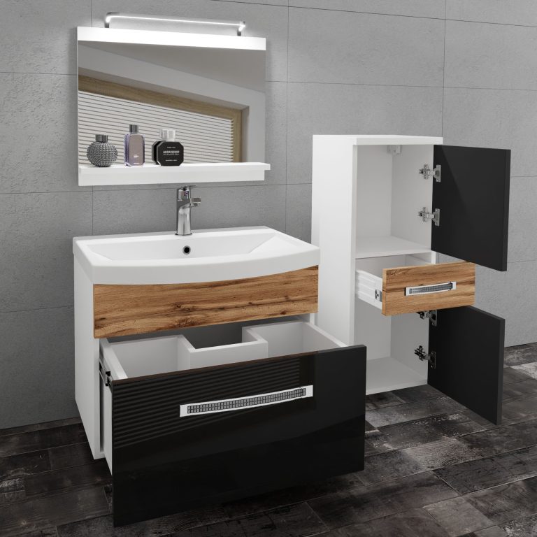 Badezimmermöbel Belini Premium Full Version Hochglanzschwarz / Wotan-Eiche + Waschbecken + Spiegel + LED-Beleuchtung Glamour 38 Hersteller GLA PM 2/0/W/BDW/0/MB/PP