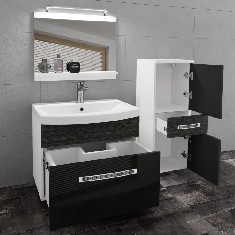 Badezimmermöbel Belini Premium Full Version Hochglanzschwarz / königliches Ebenholz + Waschbecken + Spiegel + LED-Beleuchtung Glamour 37 Hersteller GLA PM 2/0/W/BHK/0/MB/PP