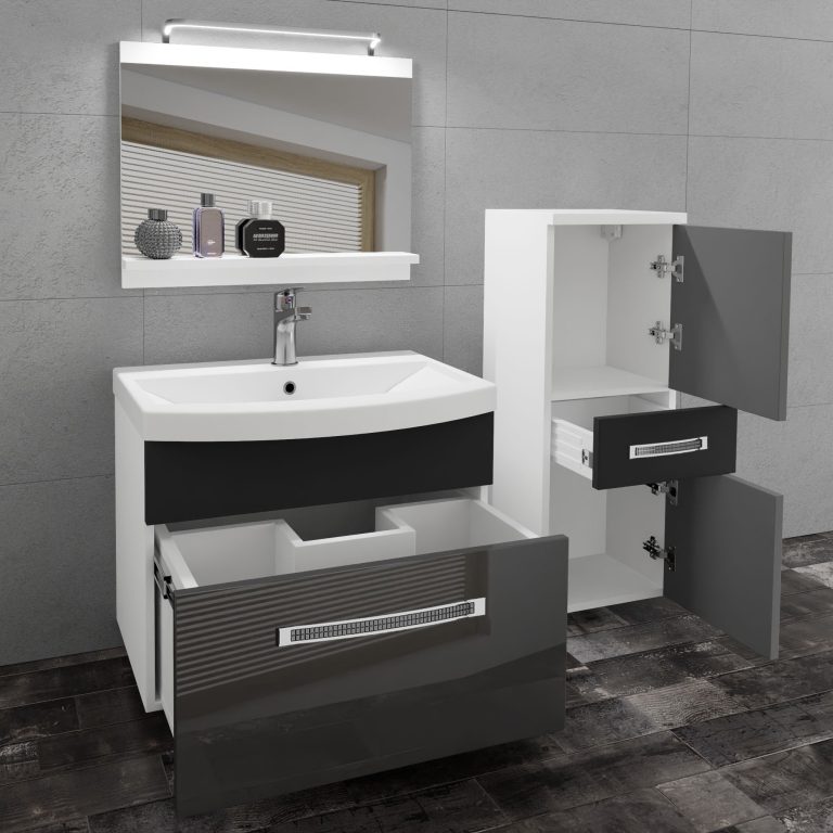 Badezimmermöbel Belini Premium Full Version Hochglanzgrau / Mattschwarz + Waschbecken + Spiegel + LED-Beleuchtung Glamour 32 Hersteller GLA PM 2/0/W/SB/0/MB/PP
