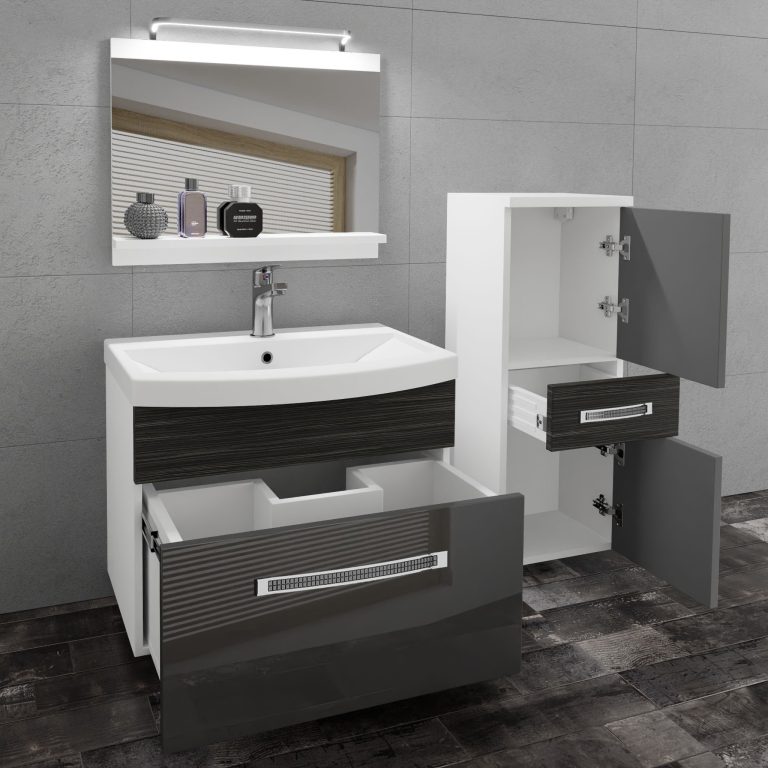 Badezimmermöbel Belini Premium Full Version Hochglanzgrau / königliches Ebenholz + Waschbecken + Spiegel + LED-Beleuchtung Glamour 33 Hersteller GLA PM 2/0/W/SHK/0/MB/PP