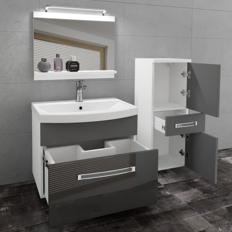 Badezimmermöbel Belini Premium Full Version Hochglanzgrau / Mattgrau + Waschbecken + Spiegel + LED-Beleuchtung Glamour 34 Hersteller GLA PM 2/0/W/SSR/0/MB/PP