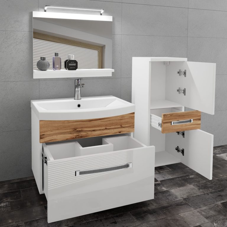 Badezimmermöbel Belini Premium Full Version Hochglanzweiß / Wotan-Eiche + Waschbecken + Spiegel + LED-Beleuchtung Glamour 36 Hersteller GLA PM 2/0/W/WDW/0/MB/PP