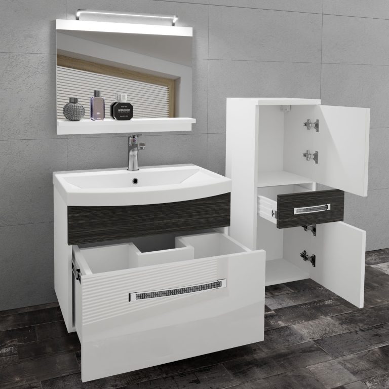 Badezimmermöbel Belini Premium Full Version Hochglanzweiß / königliches Ebenholz + Waschbecken + Spiegel + LED-Beleuchtung Glamour 35 Hersteller GLA PM 2/0/W/WHK/0/MB/PP