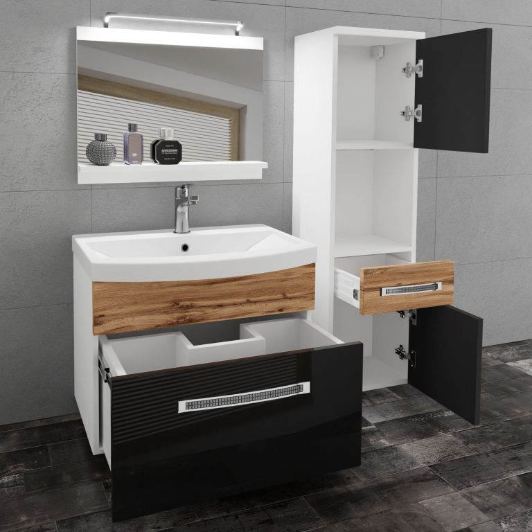 Badezimmermöbel Belini Premium Full Version Hochglanzschwarz / Wotan-Eiche + Waschbecken + Spiegel + LED-Beleuchtung Glamour 57 Hersteller GLA PM 3/0/W/BDW/0/MB/PP