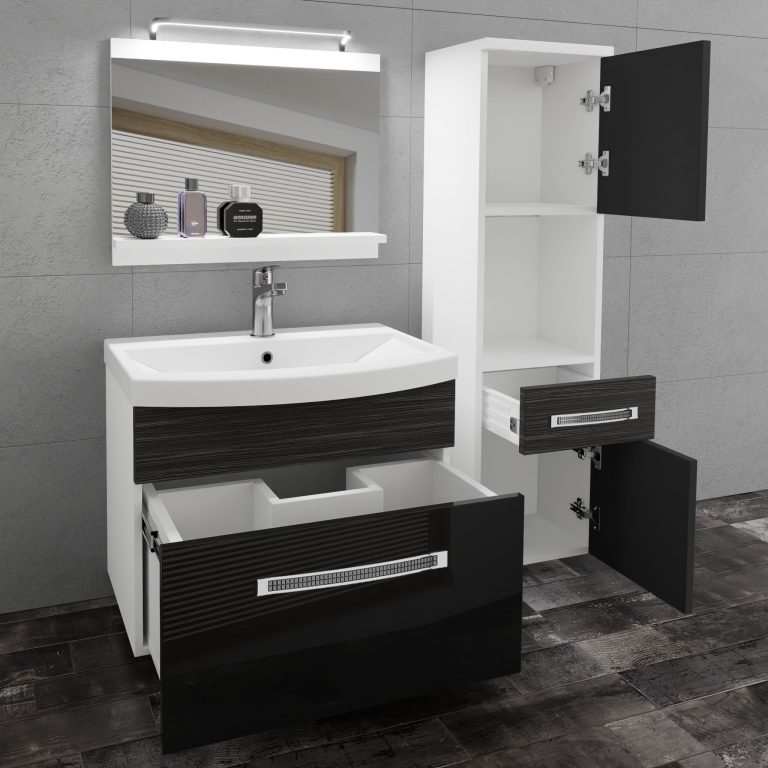 Badezimmermöbel Belini Premium Full Version Hochglanzschwarz / königliches Ebenholz + Waschbecken + Spiegel + LED-Beleuchtung Glamour 56 Hersteller GLA PM 3/0/W/BHK/0/MB/PP