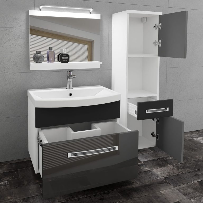 Badezimmermöbel Belini Premium Full Version Hochglanzgrau / Hochglanzschwarz + Waschbecken + Spiegel + LED-Beleuchtung Glamour 50 Hersteller GLA PM 3/0/W/SB/0/MB/PP