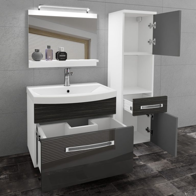 Badezimmermöbel Belini Premium Full Version Hochglanzgrau / königliches Ebenholz + Waschbecken + Spiegel + LED-Beleuchtung Glamour 52 Hersteller GLA PM 3/0/W/SHK/0/MB/PP