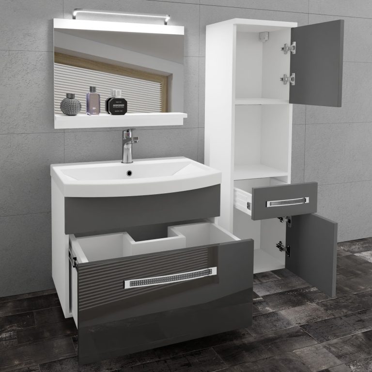 Badezimmermöbel Belini Premium Full Version Hochglanzgrau / Mattgrau + Waschbecken + Spiegel + LED-Beleuchtung Glamour 53 Hersteller GLA PM 3/0/W/SSR/0/MB/PP